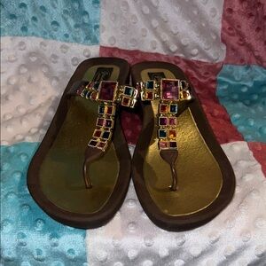 Women's Brown Jewel-Embellished Toe-Post Sandals